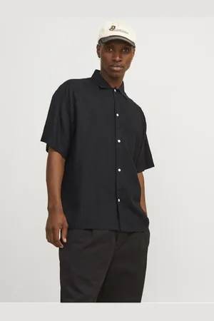 JACK & JONES ČERNÁ pánská lněná košile s krátkým rukávem Faro