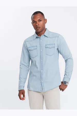 Ombre Clothing Pánská džínová košile na patentky s kapsami světle