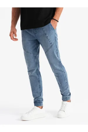 Ombre Clothing Pánské džínové tepláky s asymetrickým prošíváním modré