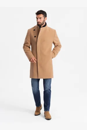 Ombre Clothing Pánský kabát s asymetrickým zapínáním a vysokým límcem světle hnědý
