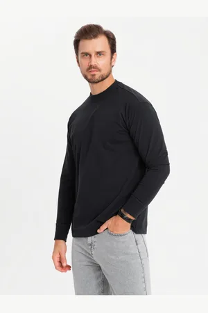 Ombre Clothing Pánské bavlněné tričko LOOSE FIT s dlouhým rukávem a kulatým výstřihem - černé V1 OM-LSBC-0129