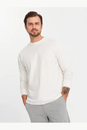 Ombre Clothing Pánské bavlněné tričko LOOSE FIT s dlouhým rukávem a kulatým výstřihem - krémové V2 OM-LSBC-0129