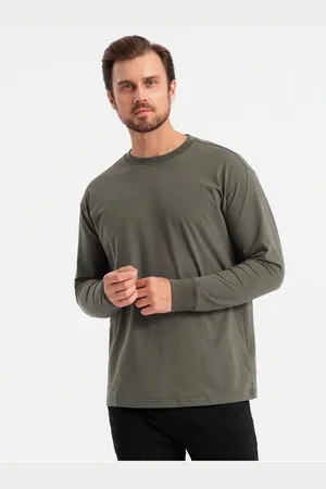 Ombre Clothing Pánské bavlněné tričko LOOSE FIT s dlouhým rukávem a kulatým výstřihem - šedozelené V3 OM-LSBC-0129