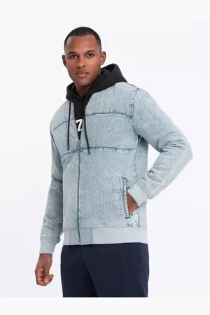 Ombre Clothing Pánská džínová bunda bomber s efektem stone wash - světle modrá V3 OM-JADJ-0163