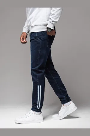 Ombre Clothing Pánské džínové tepláky s lemováním - tmavě modré V4 OM-PADJ-0156