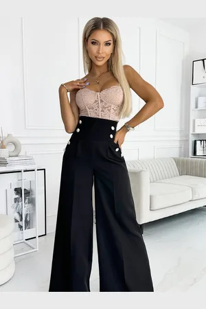 Numoco Černé dámské elegantní široké kalhoty s vysokým pasem a zlatými knoflíky