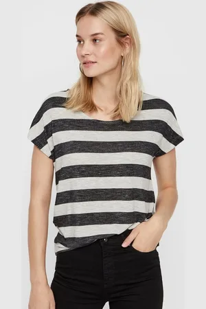VERO MODA Krémovo-černé pruhované tričko Wide