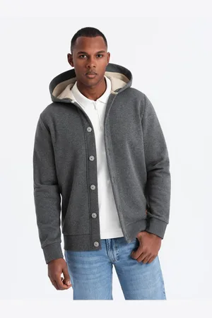 Ombre Clothing Pánská mikina s kapucí na knoflíky - grafitová melanž V4 OM-SSZP-0186