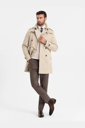 Ombre Clothing Elegantní pánský plášť SLIM FIT s páskem béžový
