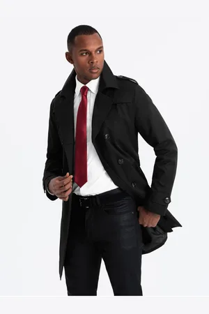 Ombre Clothing Elegantní pánský plášť SLIM FIT s páskem černý
